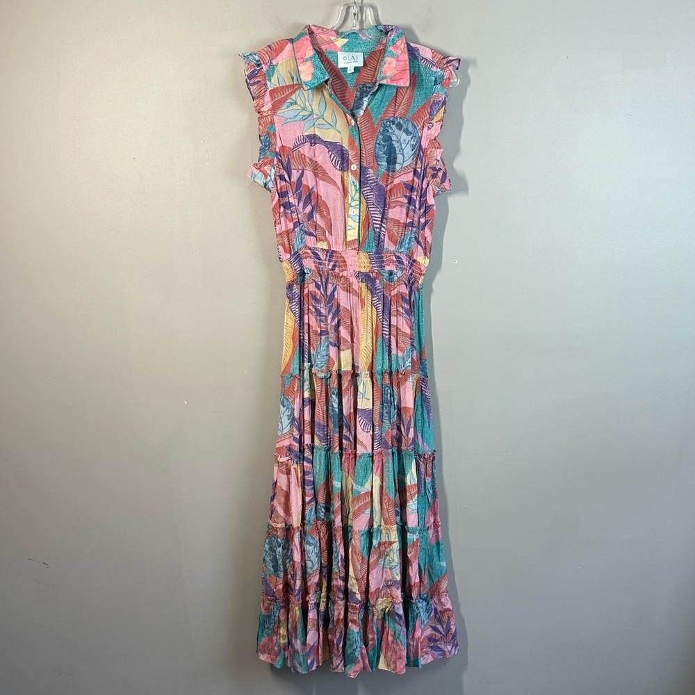 Taj by Sabrina Cripa Tropical Leaf Print Floral Midi Dress Size L Tiered